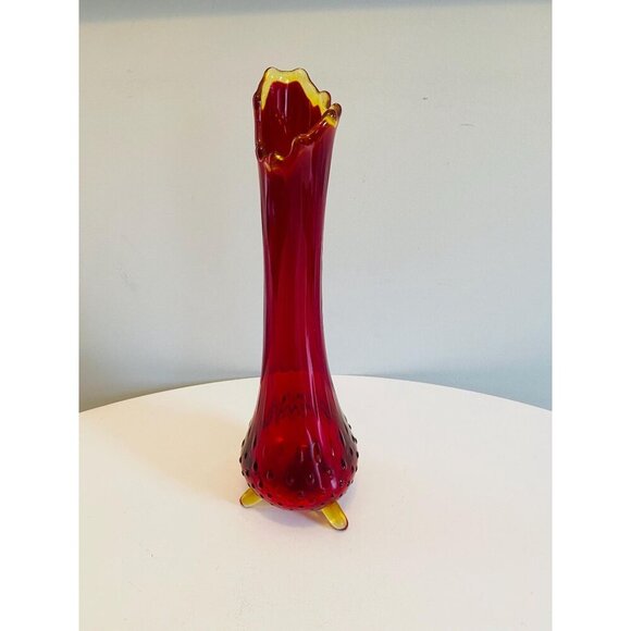 Vintage LE Smith Amberina Red Swung Vase, 3 Toe Hobnail Swung Vase 12 1/2" Tall - Picture 2 of 9